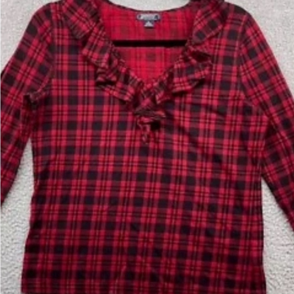 3/$15.Sale! AMERICAN LIVING, Flannel RED AND BLACK Plaid Ruffle V neck blouse XL